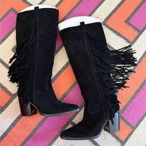 Vince Camuto Pelia Extra Wide Calf Size 10 Black Suede Fringe Knee High Boots